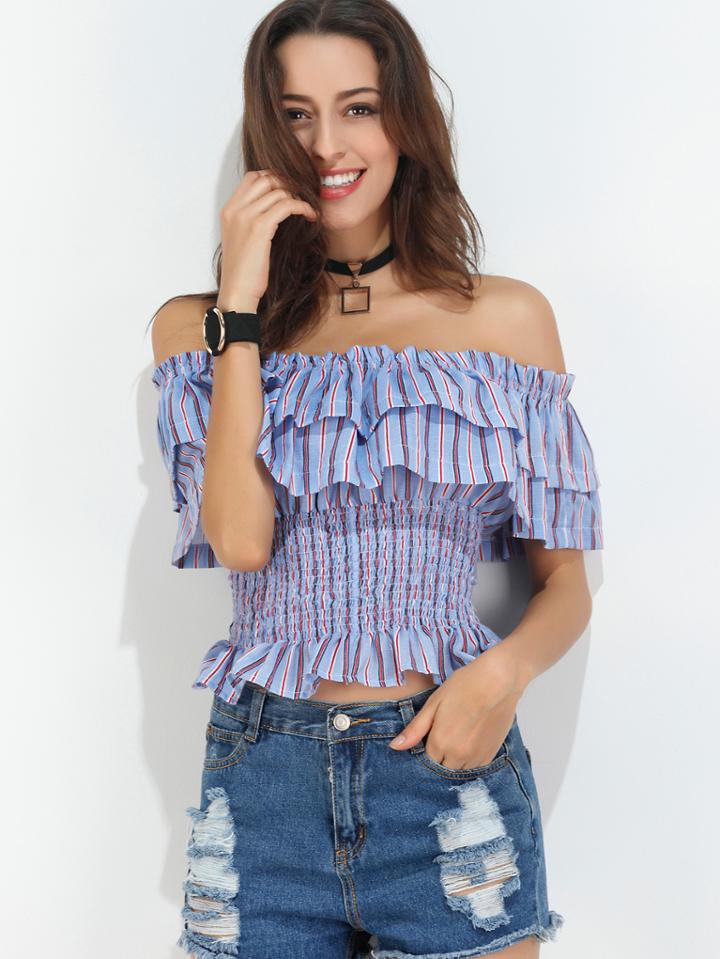 Shein Blue Stripe Off The Shoulder Ruffle Tiered Shirred Top