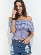 Shein Blue Stripe Off The Shoulder Ruffle Tiered Shirred Top