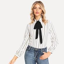 Shein Contrast Tie Neck Striped Blouse