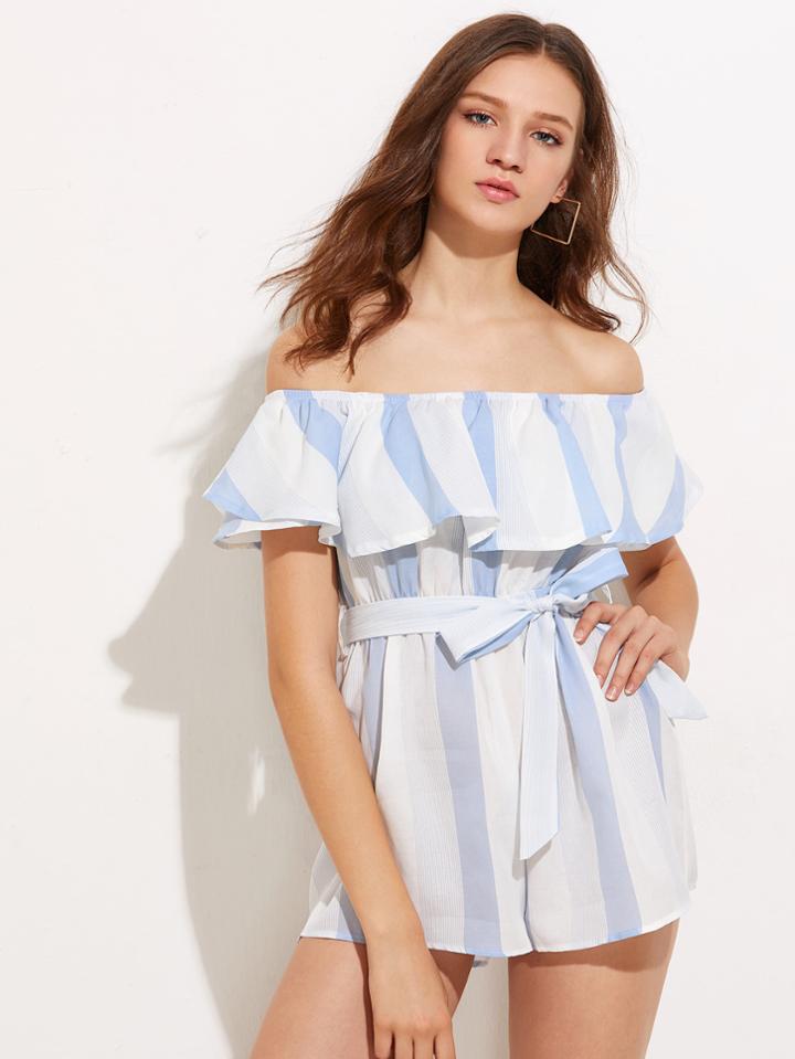 Shein Bardot Vertical Striped Tie Waist Playsuit