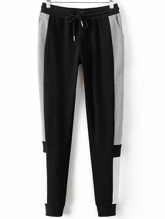 Shein Black Color Block Drawstring Waist Sports Pants