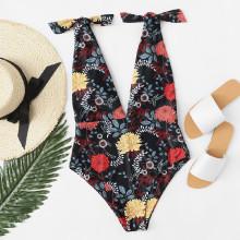 Shein Knot Shoulder Double Plunging Neck Floral Swimsuit