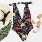 Shein Knot Shoulder Double Plunging Neck Floral Swimsuit