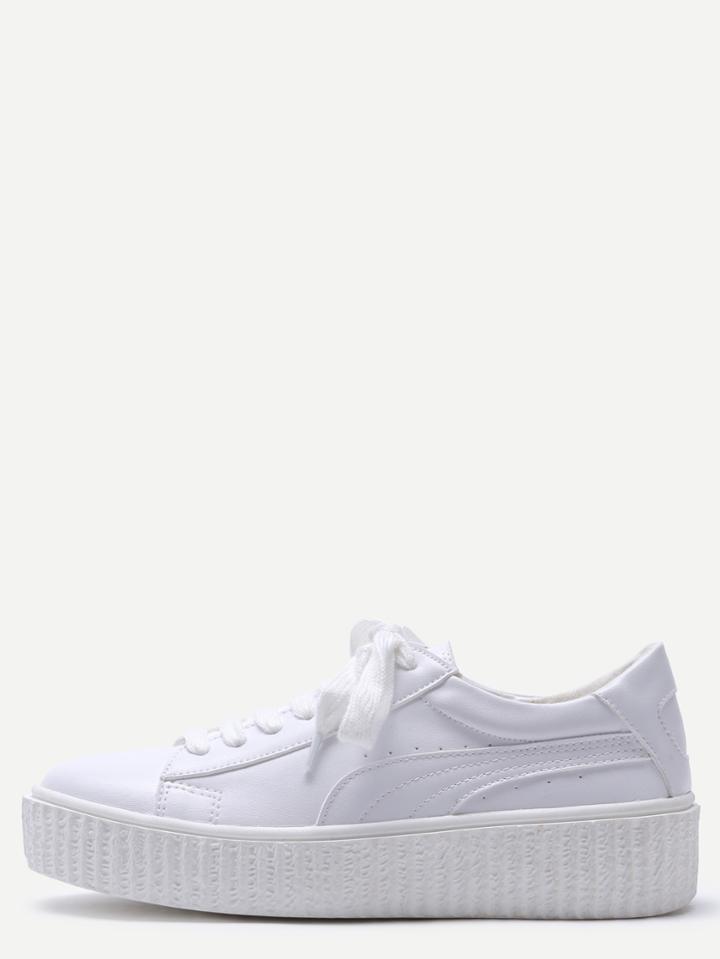 Shein White Lace Up Faux Leather Rubber Sole Low Top Sneakers