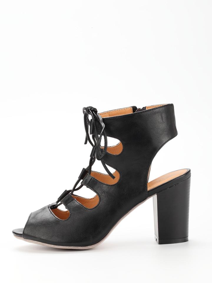 Shein Lace-up Block Heel Sandals - Black