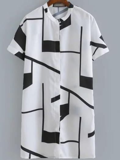 Shein Black Short Sleeve Buttons Front Geometric Print Dress