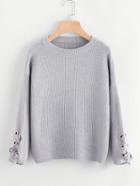 Shein Eyelet Lace Up Sleeve Textured Knit Sweater