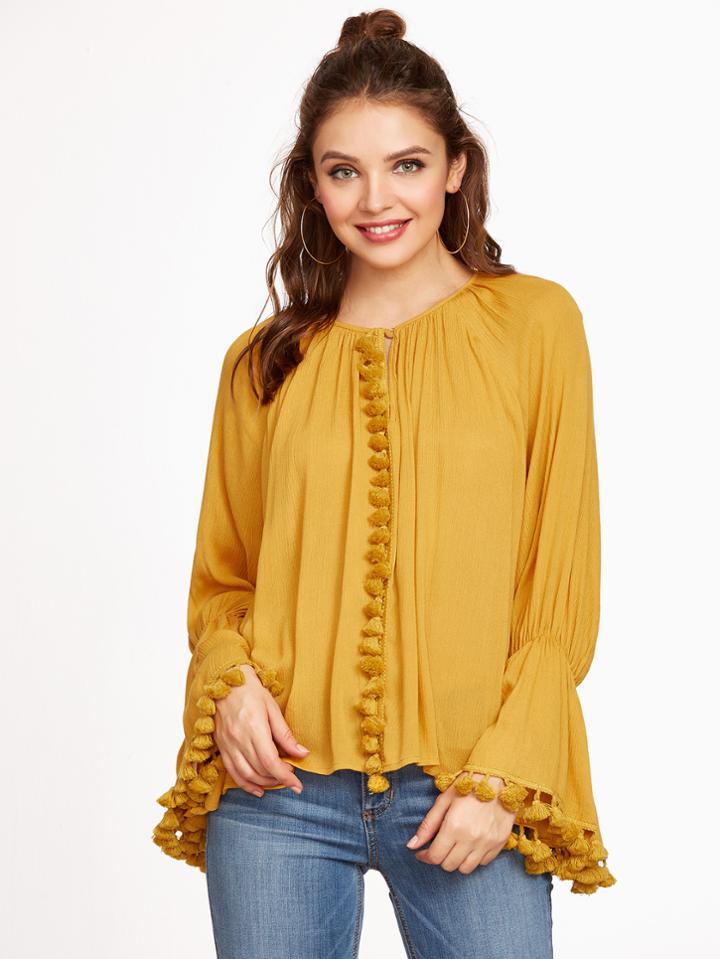 Shein Mustard Bell Sleeve Tassel Trim Blouse