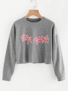 Shein Letter Print Raw Hem Crop Marled Sweatshirt