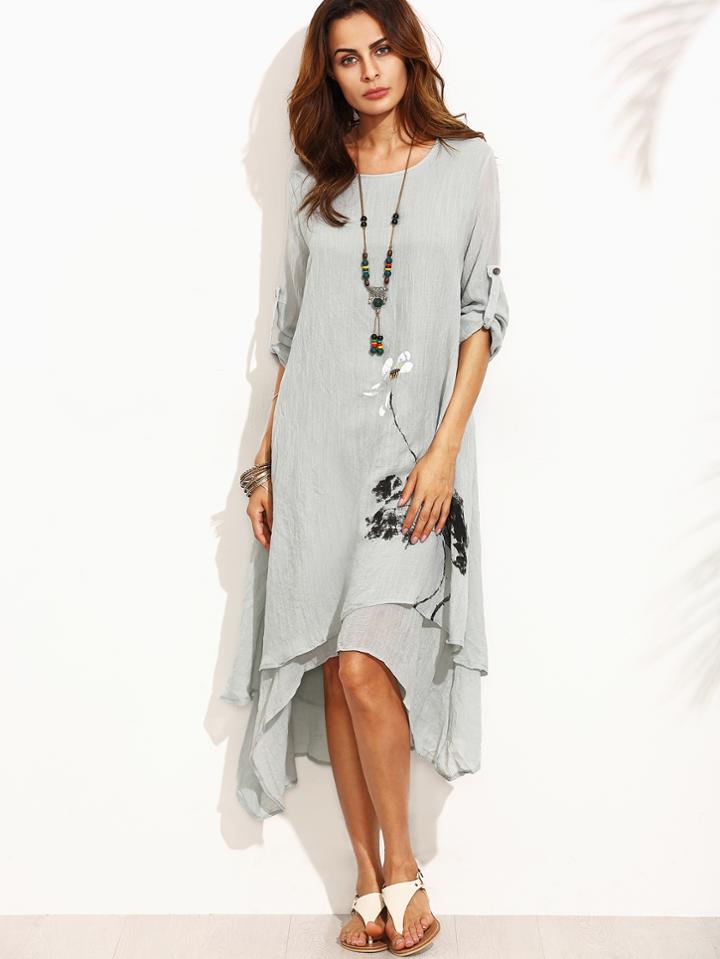 Shein Grey Ink Painting Print Roll Tab Sleeve Layered Asymmetric Dress