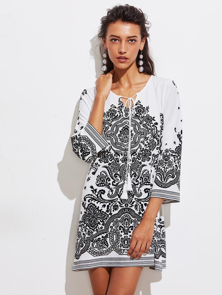 Shein Tasseled Tie Neck Vine Print Dress