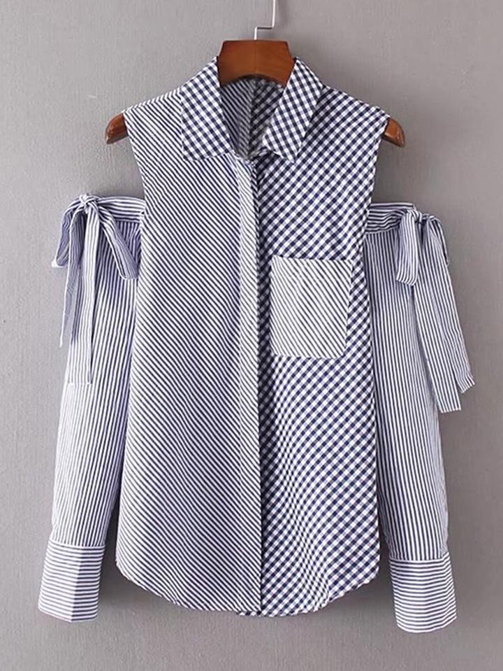 Shein Contrast Open Shoulder Bow Tie Detail Blouse