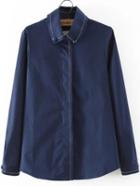 Shein Navy Lapel Long Sleeve Contrast Trims Blouse