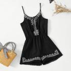 Shein Girls Dot Crochet Trim Embroidered Cami Romper