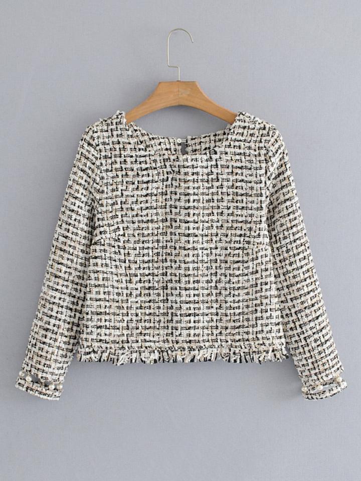 Shein Faux Pearl Detail Fringe Edge Tweed Top