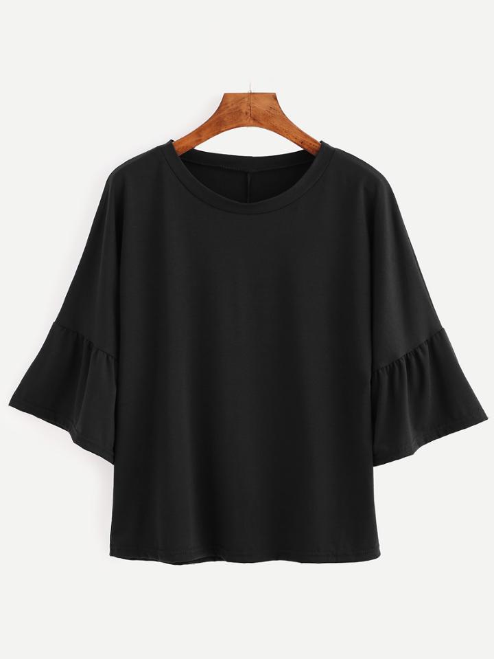 Shein Black Bell Sleeve Ruffle Hem T-shirt