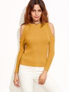 Shein Mustard Open Shoulder Ribbed Sweater