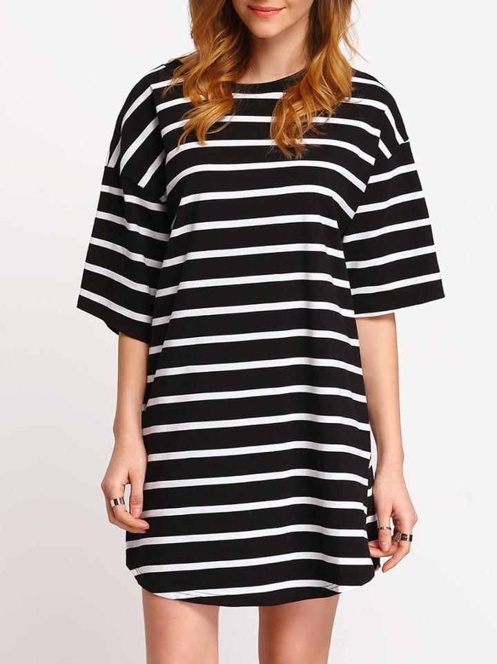 Shein Black White Crew Neck Striped Tee Dress