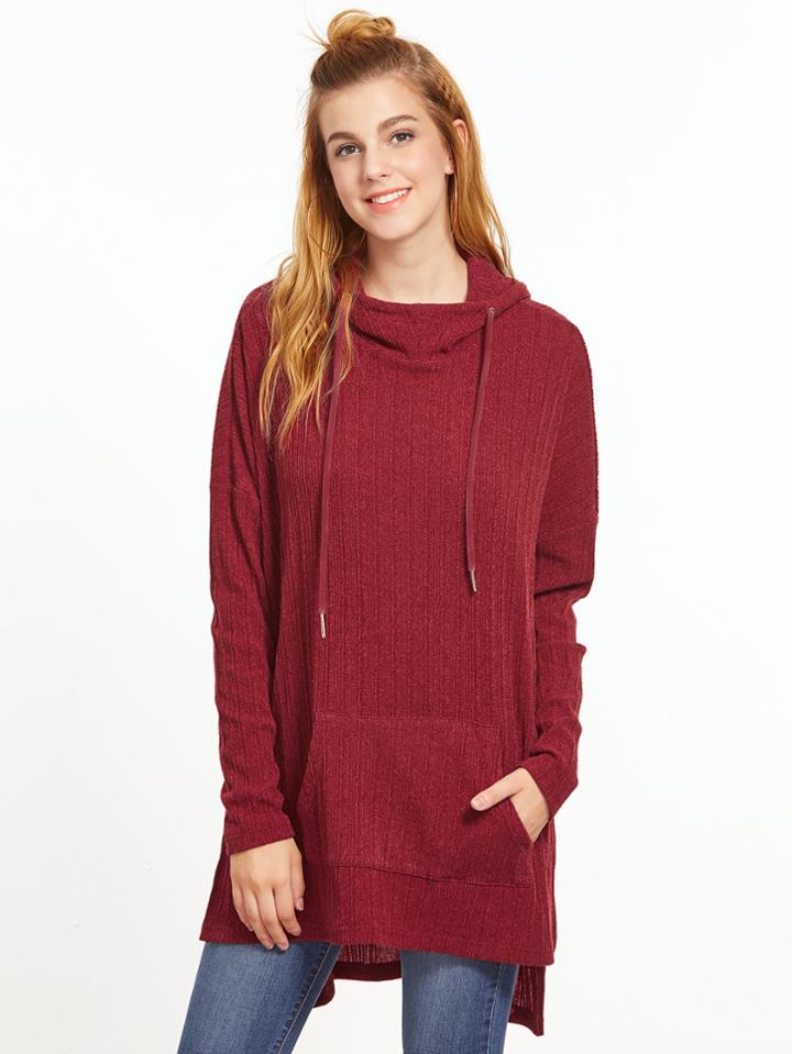 Shein Burgundy Drop Shoulder Pocket Front High Low Hooded T-shirt