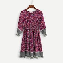 Shein Girls Ruffle Cuff Shirred Waist Floral Dress