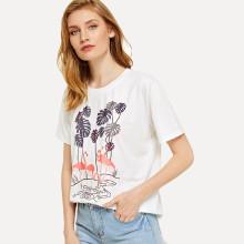 Shein Tree And Flamingo Print Tee