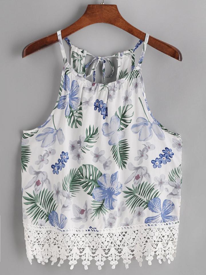Shein Tropical Print Lace Trim Tie Back Cami Top
