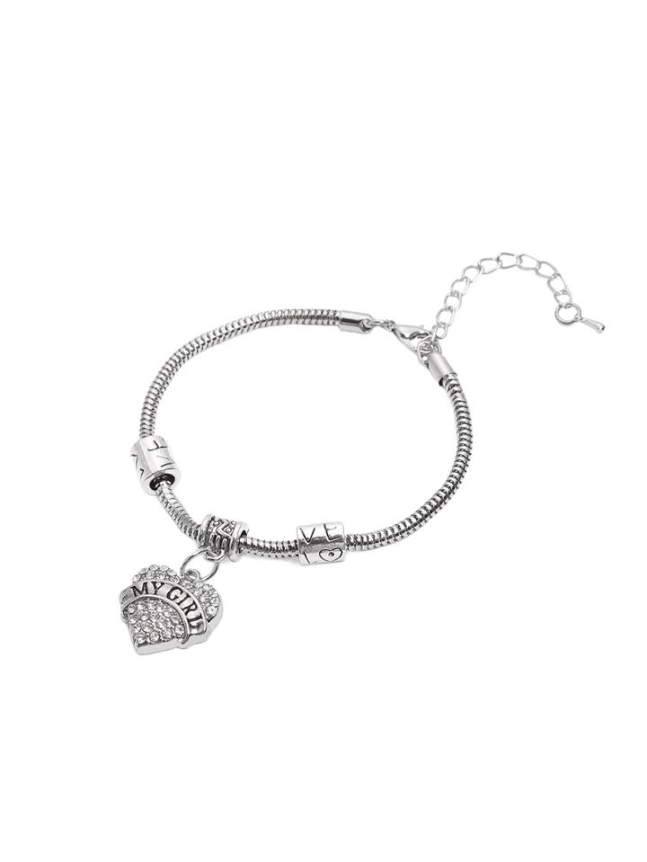 Shein Silver Rhinestone Heart Shaped Letters Print Bracelet