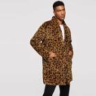 Shein Men Shawl Collar Patch Pocket Front Leopard Teddy Coat
