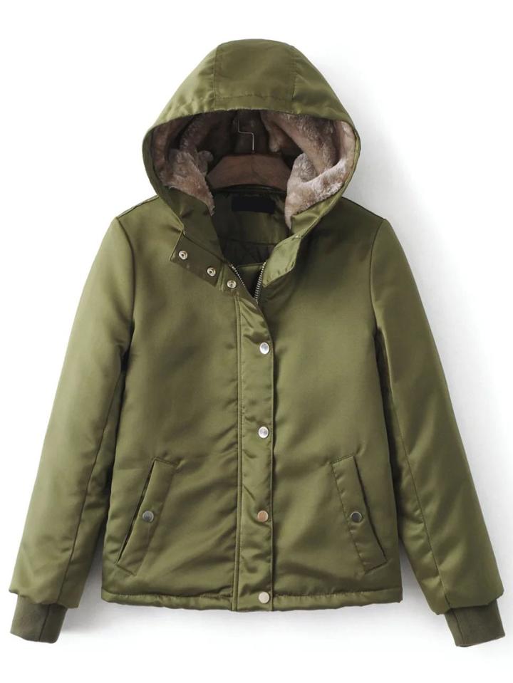 Shein Army Green Hidden Zip Hooded Padded Jacket