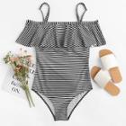 Shein Cold Shoulder Flounce Striped Swimsuit