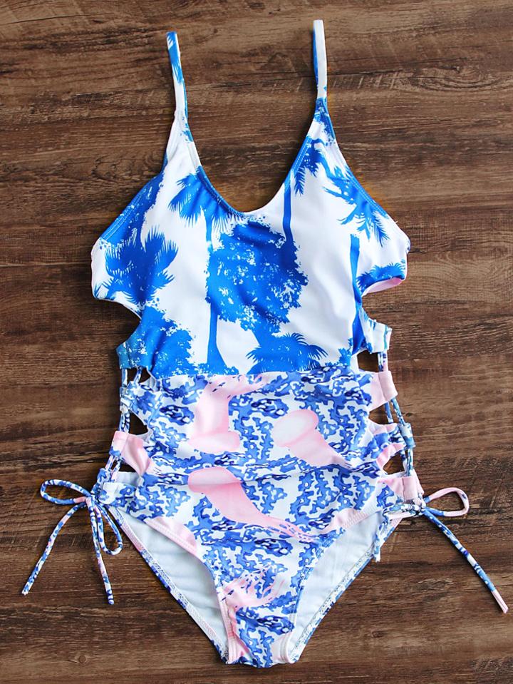 Shein Blue Printed Lace Up One-piece Swimwear