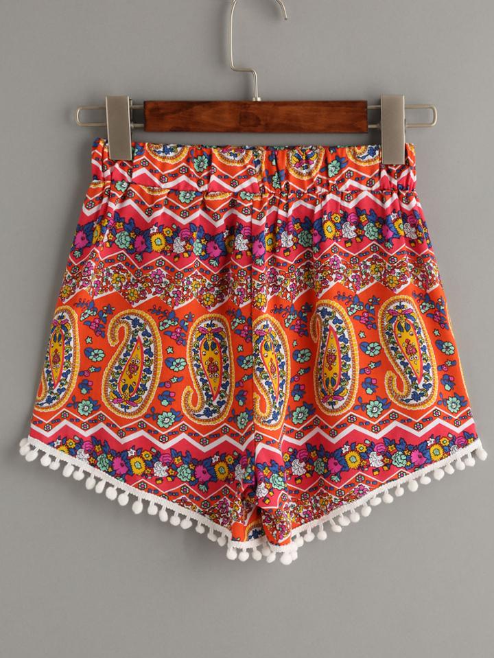 Shein Multicolor Vintage Print Pom Pom Beach Shorts