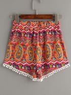 Shein Multicolor Vintage Print Pom Pom Beach Shorts