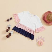 Shein Girls Button Back Ruffle Trim Color Block Top
