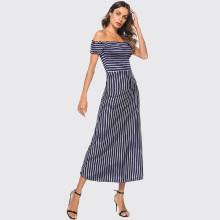 Shein Lettuce Trim Off Shoulder Striped Dress