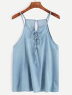 Shein Blue Lace Up Button Keyhole Back Cami Top