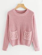 Shein Double Pockets Pearl Beaded Texture Knit Sweater