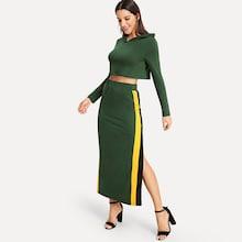 Shein Solid Crop Hoodie & Color Block Skirt