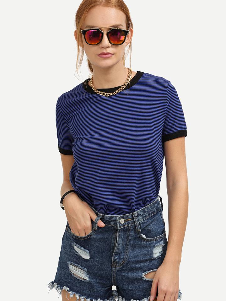 Shein Navy Striped Contrast Trimmed T-shirt