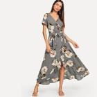 Shein Surplice Neck Floral Overlap Ruffle Hem Dress