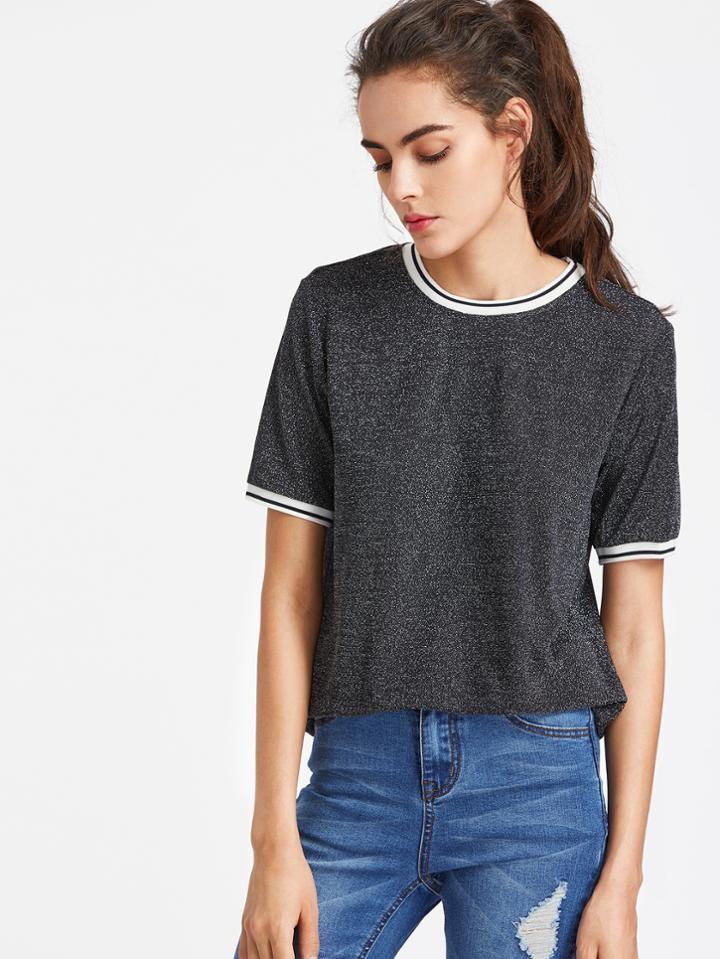 Shein Striped Trim Glitter Tee