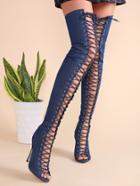 Shein Blue Criss Cross Open Toe Denim Thigh High Stiletto Boots