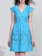 Shein Blue V Neck Embroidered Hollow A-line Dress