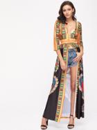 Shein Plunging High Slit Ornate Print Longline Top