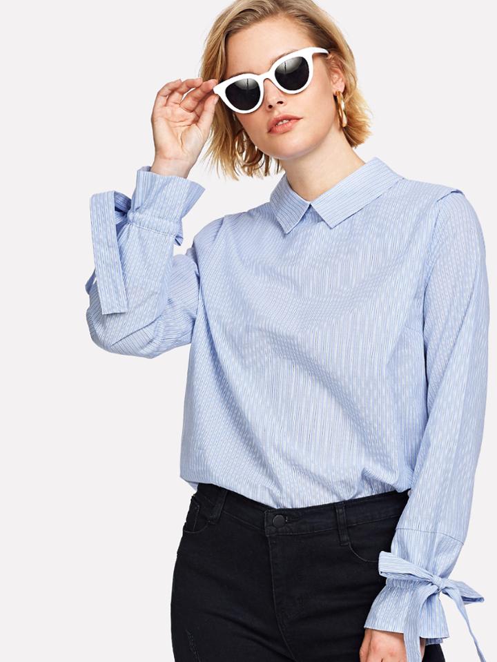 Shein Bow Tie Bell Cuff Pinstripe Blouse
