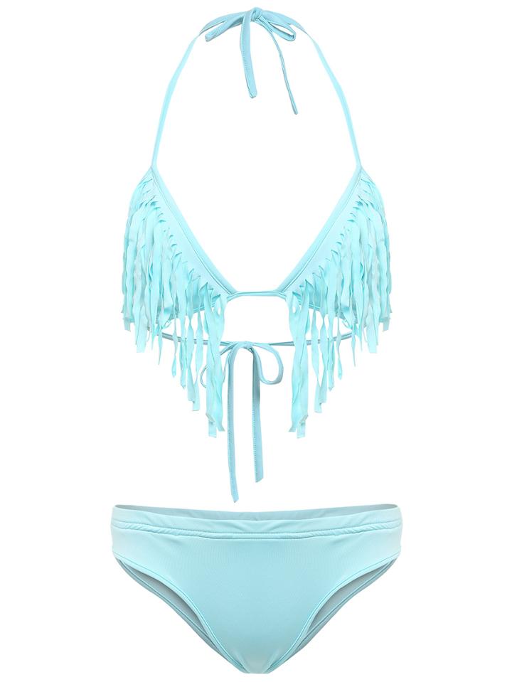 Shein Blue Halter Fringe Lace Up Bikini Set