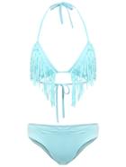 Shein Blue Halter Fringe Lace Up Bikini Set
