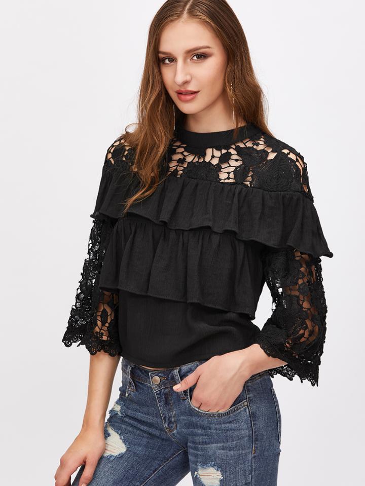 Shein Black Contrast Crochet Ruffle Trim Keyhole Back Blouse