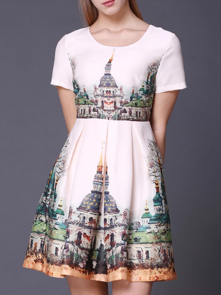 Shein White Scoop Neck Vintage Print A-line Dress