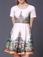 Shein White Scoop Neck Vintage Print A-line Dress